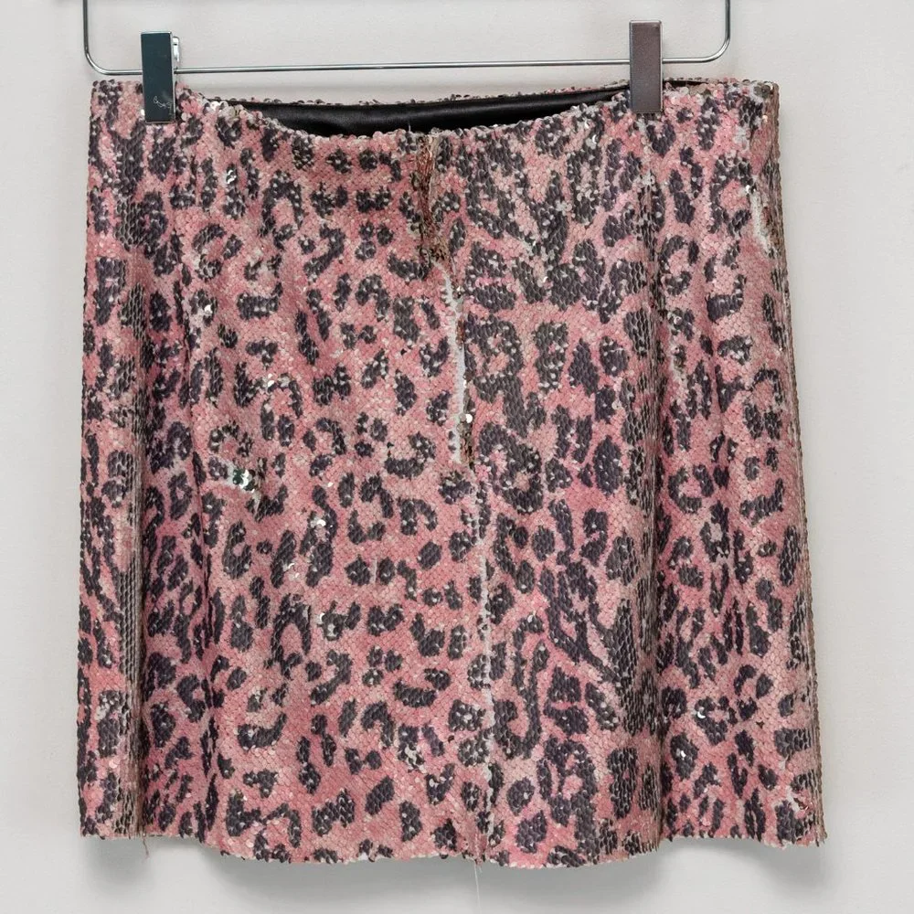 Free People Skinny Sequin Skirt Mini Cheetah Animal Print Pink Grey Size 2 New